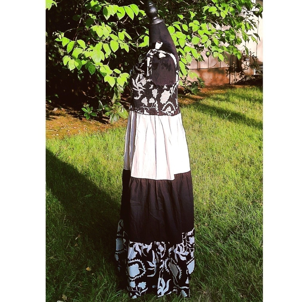 100% Cotton Maxi Dress Size (S)‎ - Summer Tiered Smocked Bow Tie Black & Cream - Picture 3 of 11